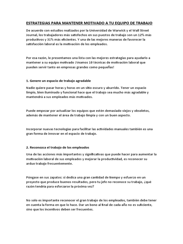 Estrategias para Mantener Motivado A Tu Equipo de Trabajo | PDF