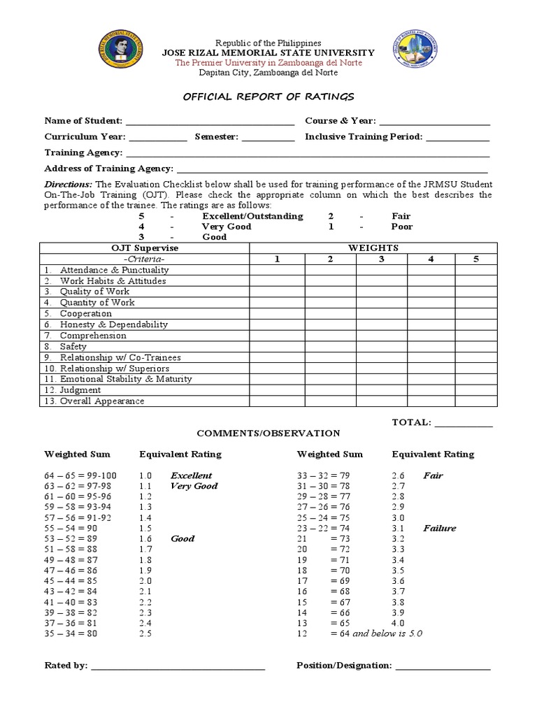 Ojt Performance Evaluation Form Pdf