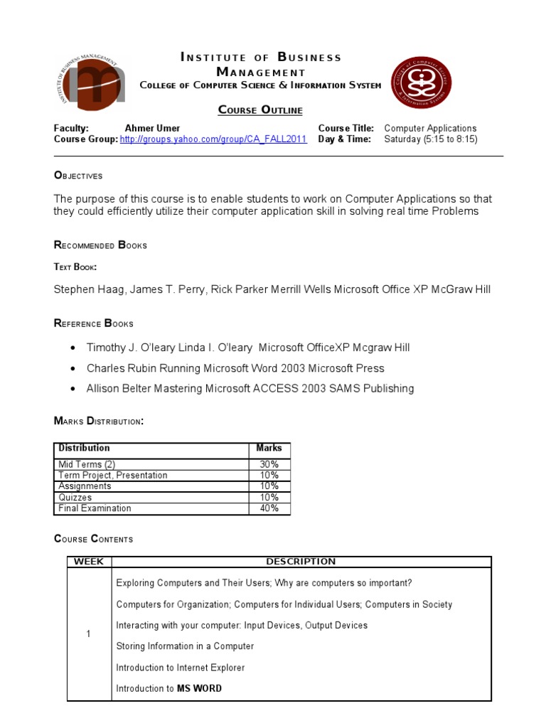 Computer Applications Course Outline Ahmer Microsoft Excel