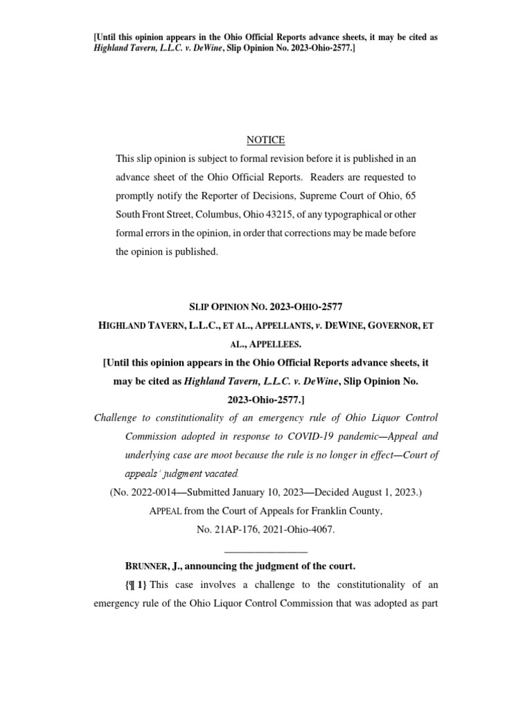 Ohio Supreme Court Opinion in Highland Tavern Case | PDF | Declaratory ...