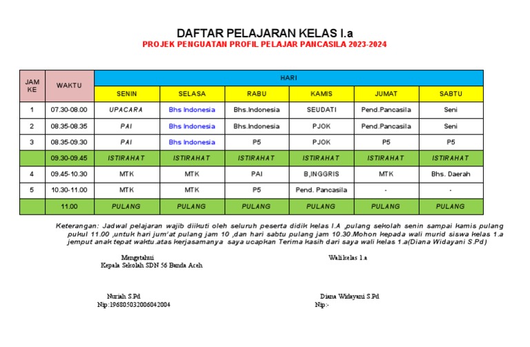 Jadwal Pelajaran Kelas 1.a Kurikulum Merdeka.2023 | PDF