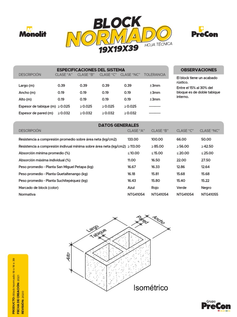 Especificaciones del Block Normado 19x19x39 | PDF | Plantas