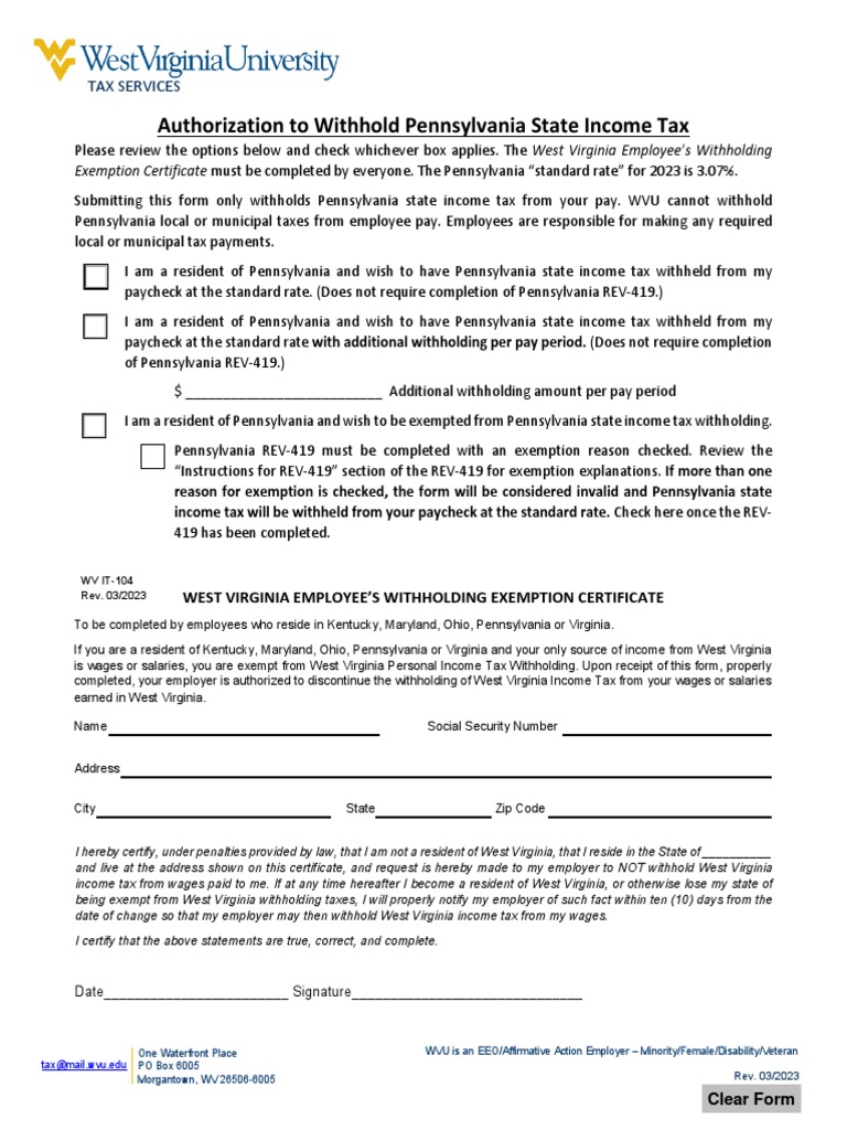 Authorization To Withhold Pennsylvania State Tax Revmar2023 PDF