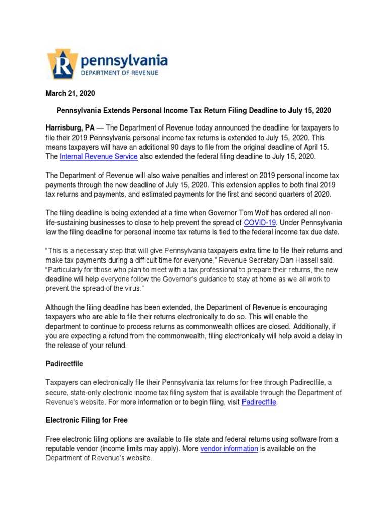 PA Tax Deadline Extension PDF