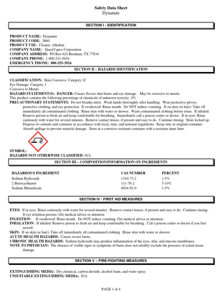 Dynamite Cleaner Safety Data Sheet | PDF