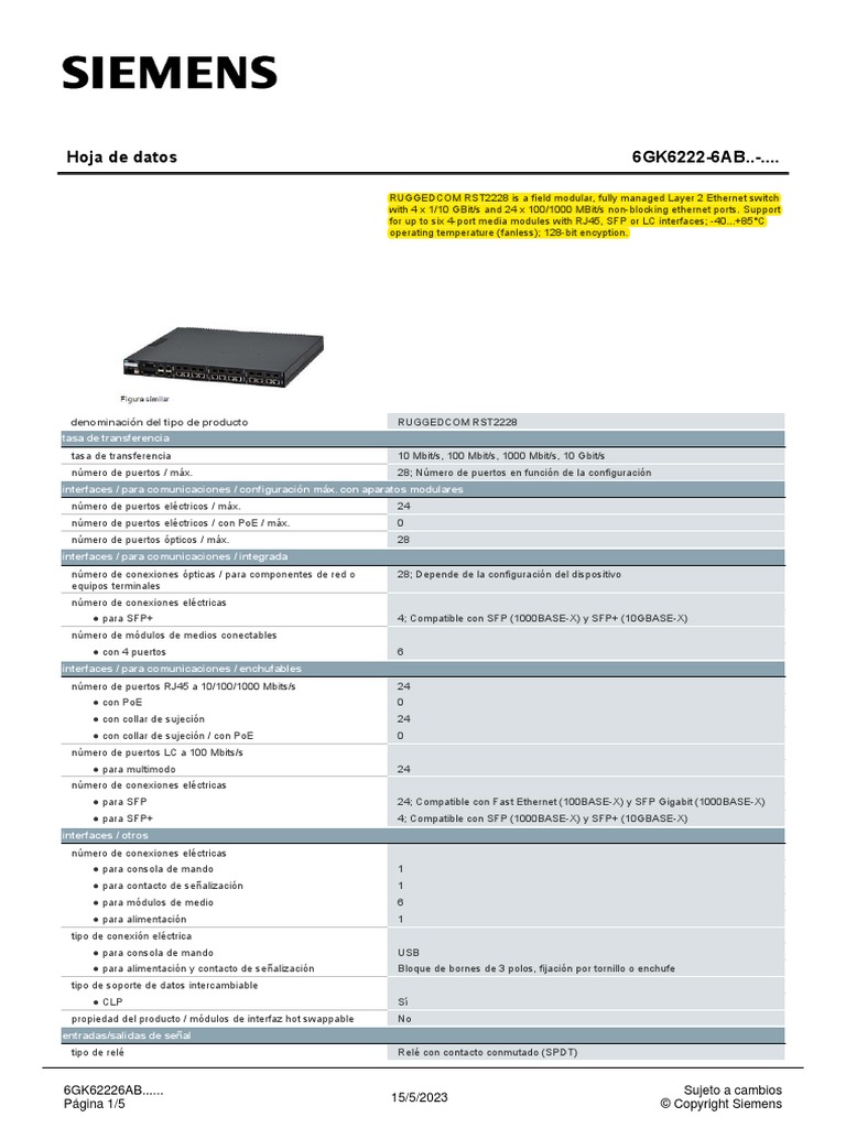 Hoja de Datos (Siemens - Ref RUGGEDCOM RST2228) | PDF