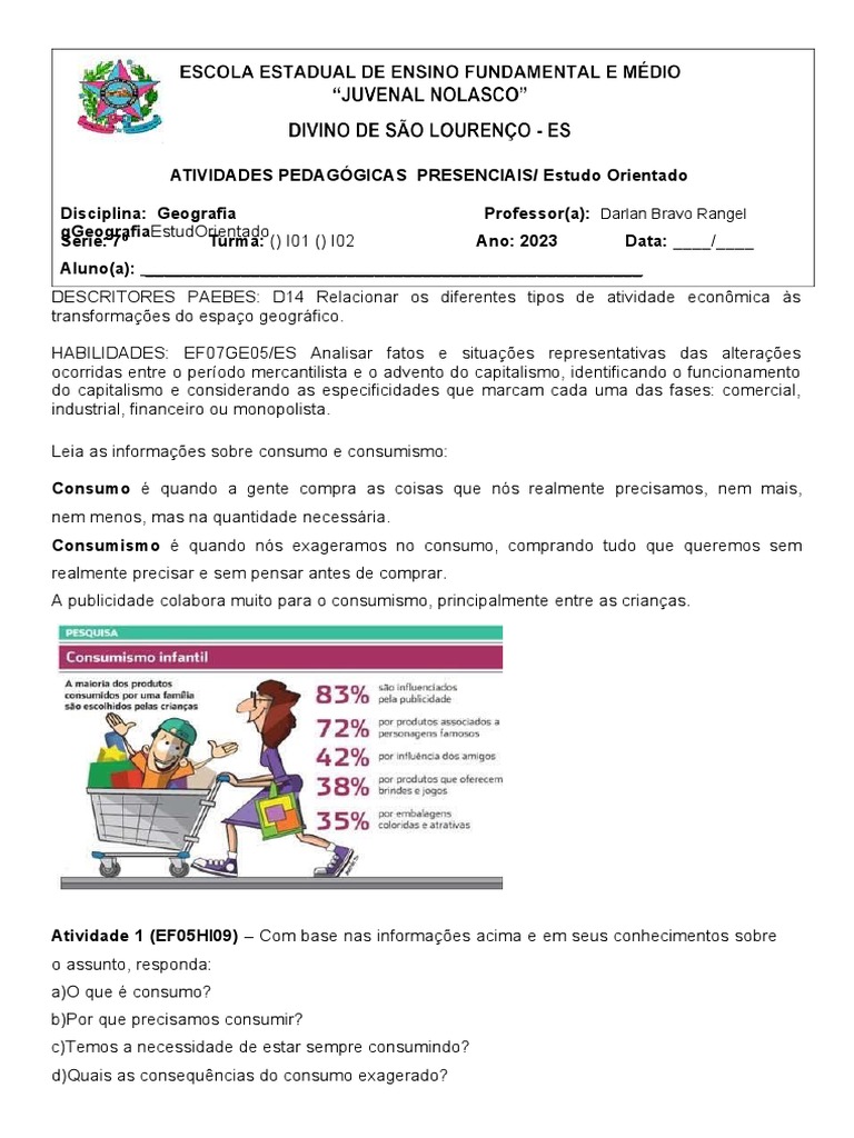 Atividades sobre Consumo e Consumismo | PDF | Consumismo | Geografia