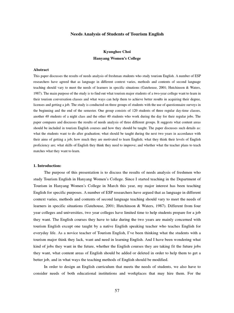 Needs Analysis For Tourism | PDF