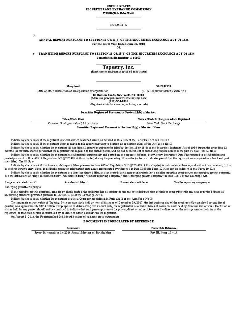 Tapestry, Inc. (Exact Name of Registrant As Specified in Its Charter