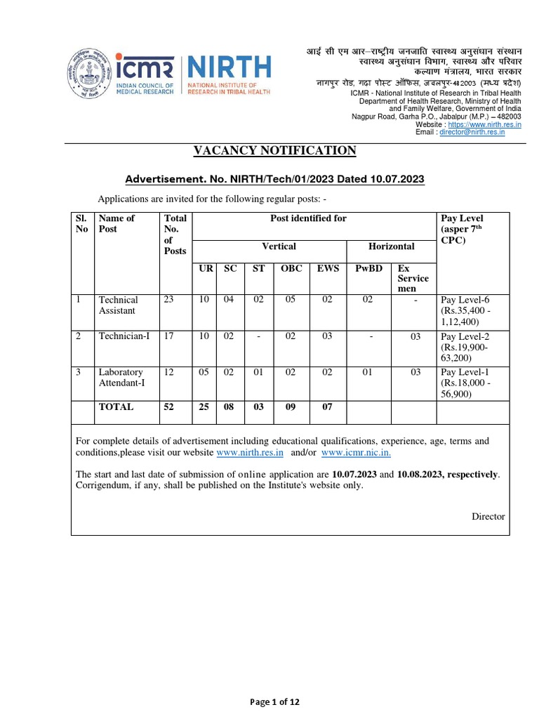 ICMR-NIRTH Recruitment 2025 Notification | PDF | Academic Degree