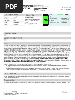 Rate Confirmation for Load #29305763