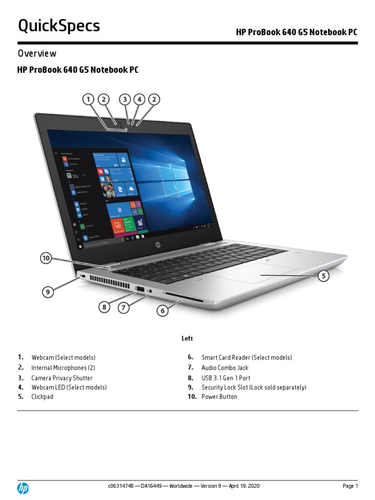 Quickspecs HP Probook 640 G5 Notebook PC PDF Random Access Memory