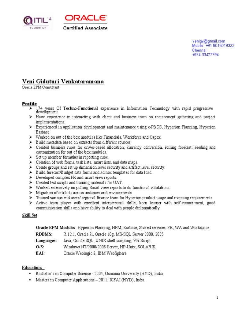 Veni Resume - Oracle EPM Consultant | PDF