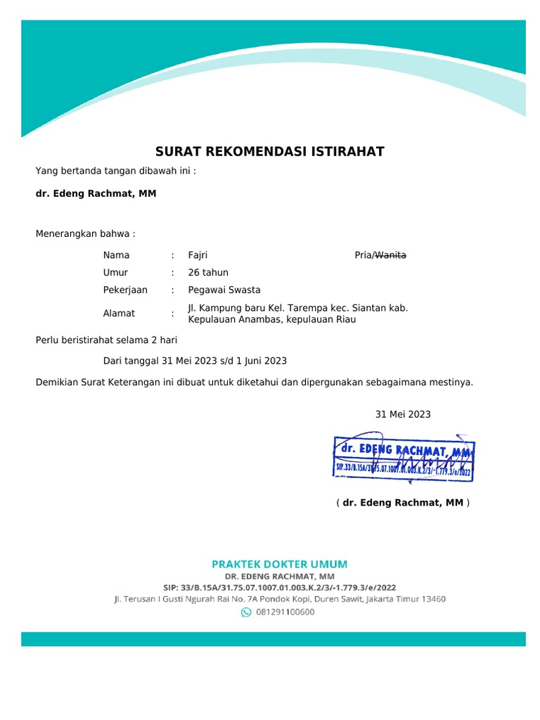 Surat Rekomendasi Istirahat 2 Hari | PDF