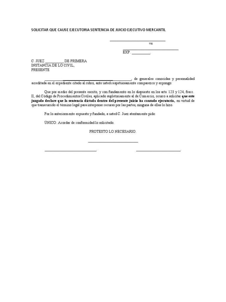 Solicitar Que Cause Ejecutoria Sentencia de Juicio Ejecutivo Mercantil