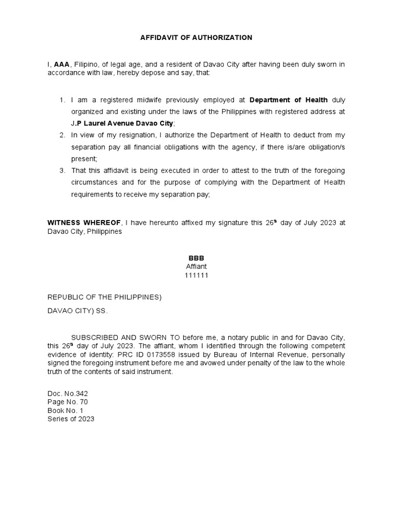 Affidavit of Authorization to Deduct | PDF