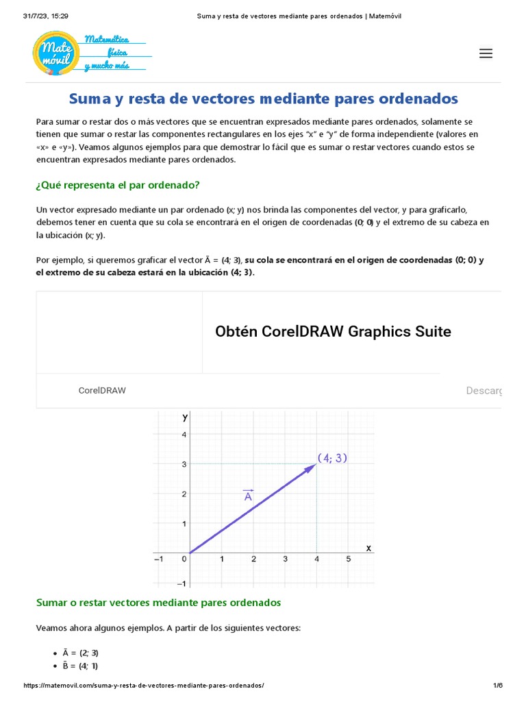 Suma y Resta de Vectores Mediante Pares Ordenados - Matemóvil | PDF