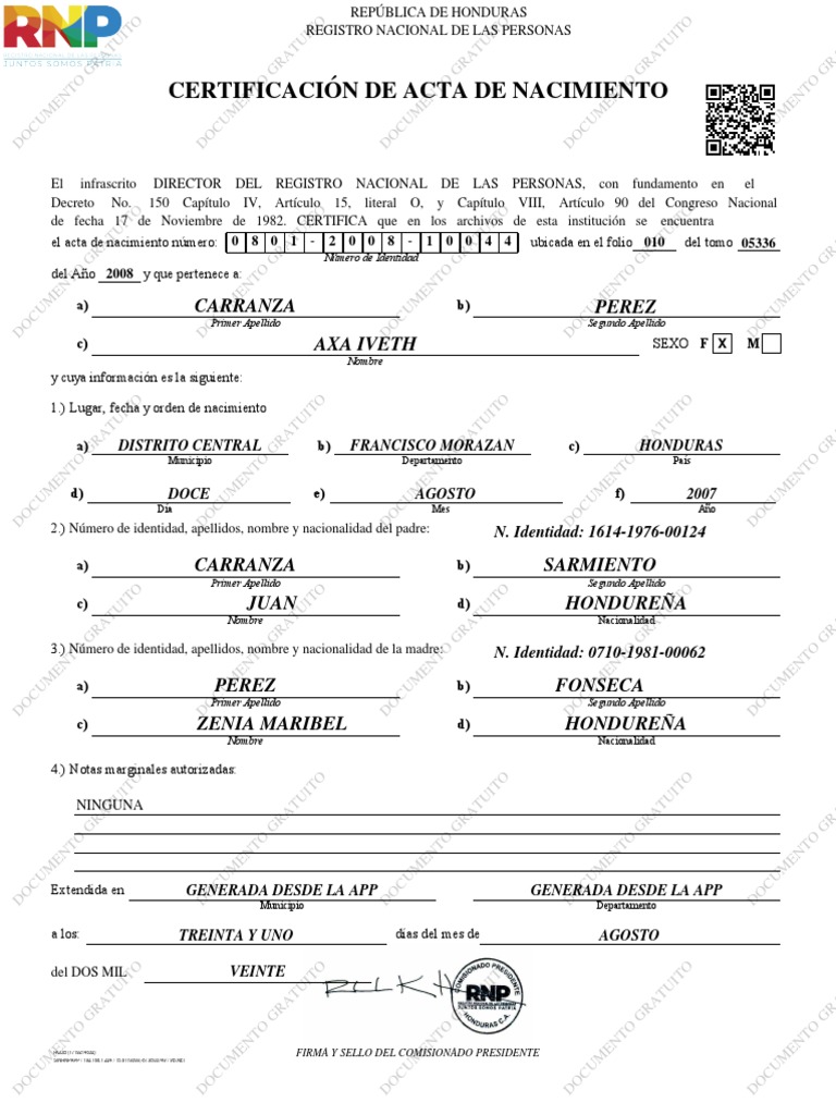 Certificación De Acta De Nacimiento En Honduras Pdf 