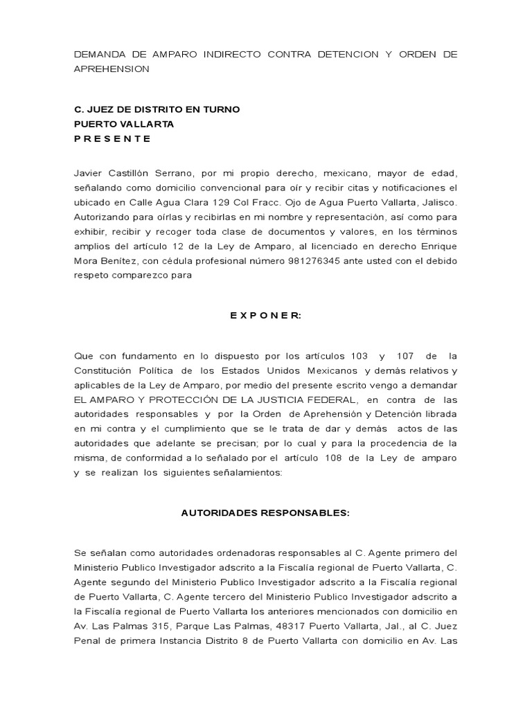 Demanda de Amparo Indirecto Contra Detencion y Orden de Aprehension | PDF