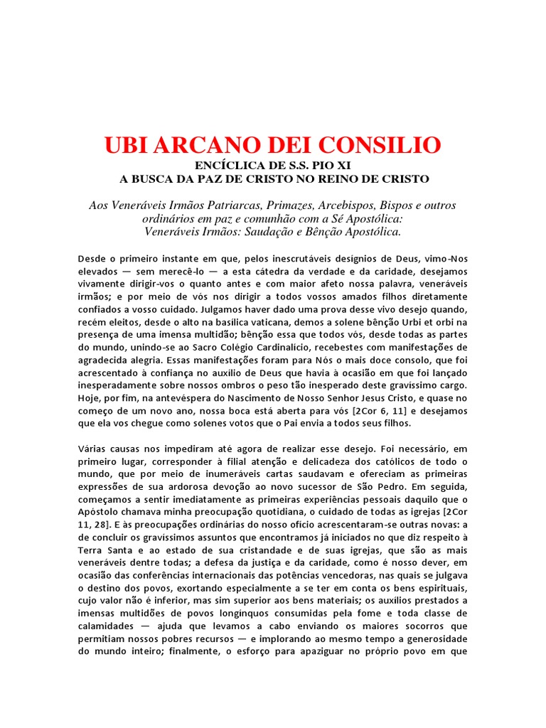 Ubi Arcano Dei Consilio Pio XI PDF Igreja católica Jesus