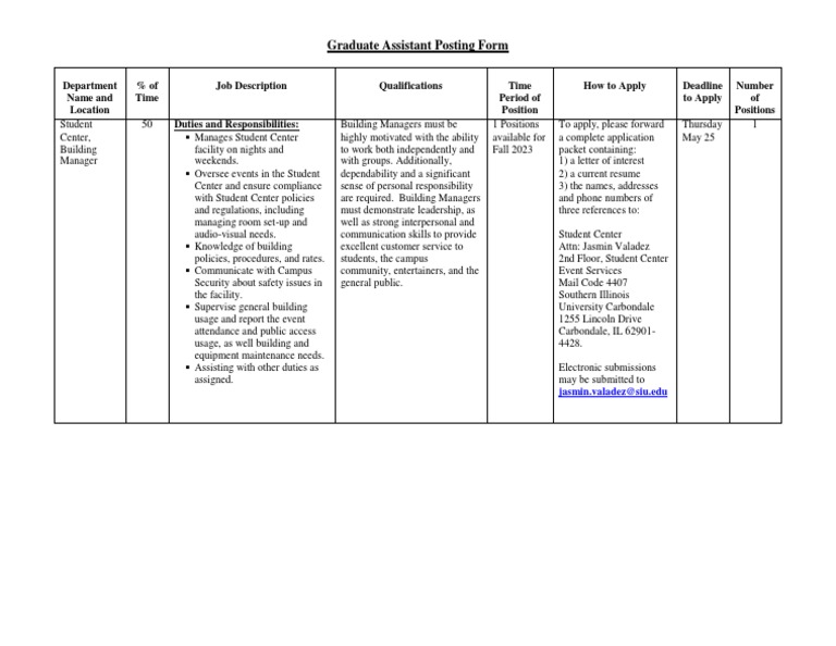 Graduate Assistant Building Manager Role | PDF