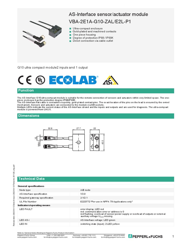 As interface sensor actuator module vba 2e1a g10 zal e2l p1 function