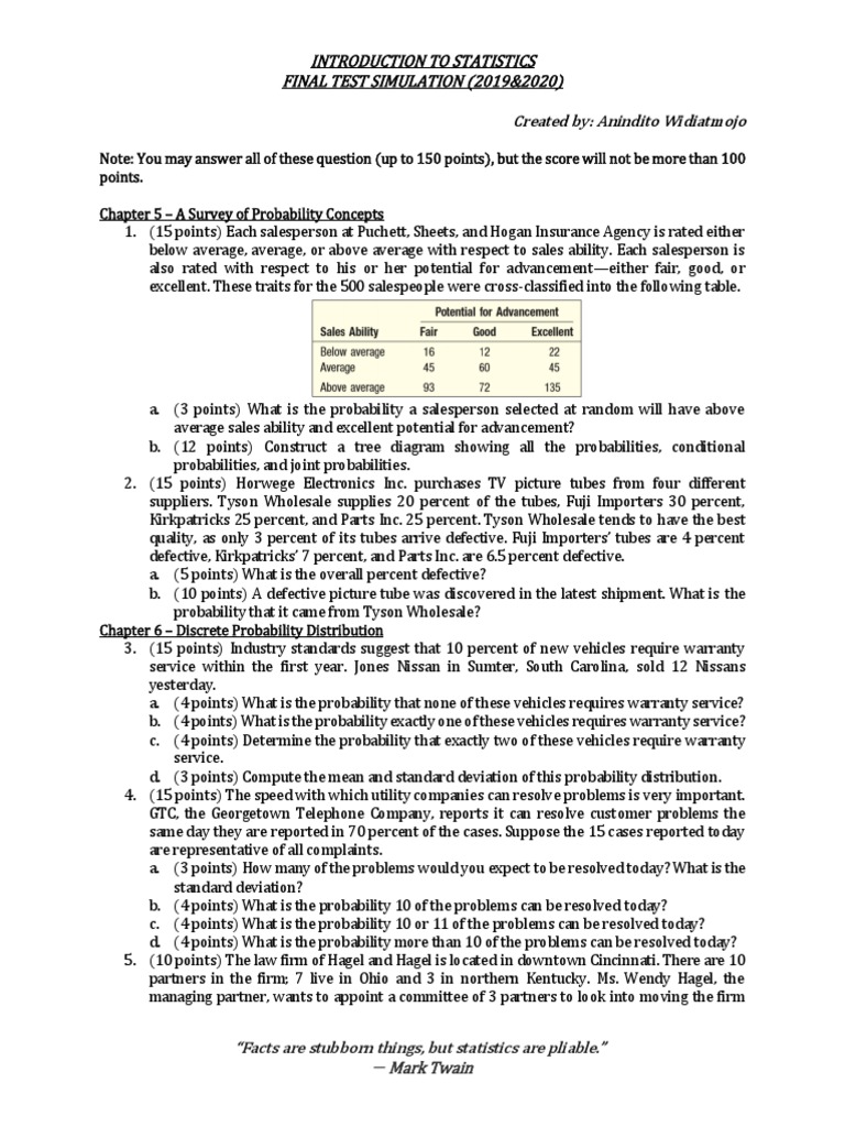 Statistics Final Test Simulation 2019-2020 | PDF | Career & Growth