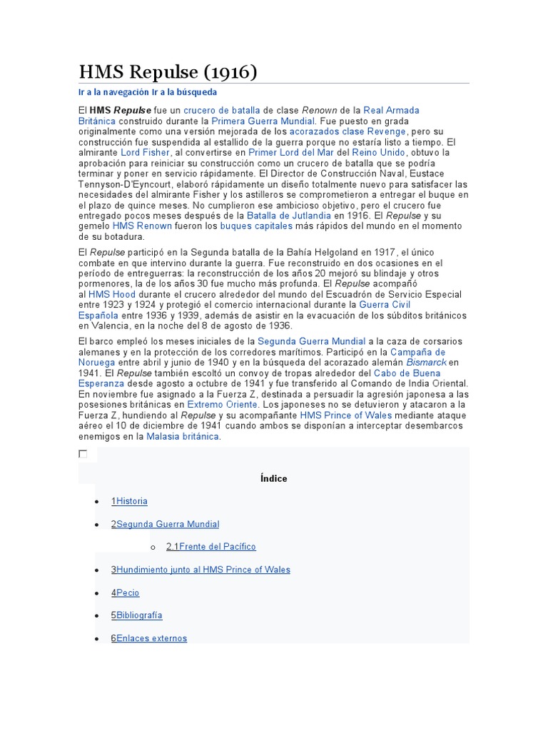 Historia del HMS Repulse (1916) | PDF | Buques | Naves Navales