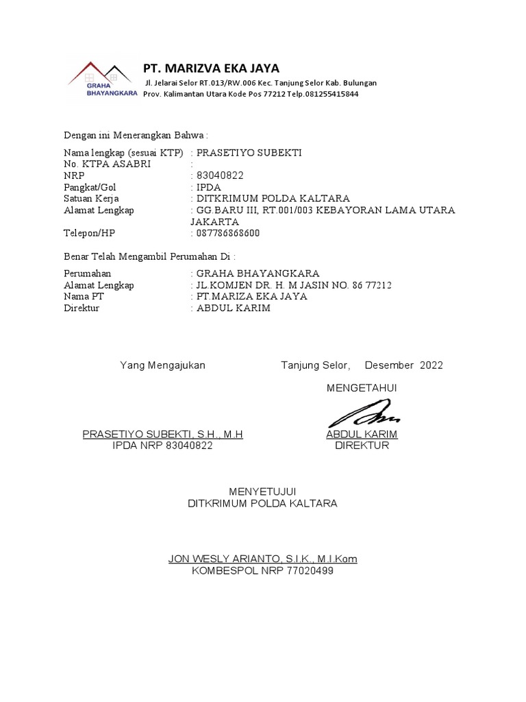 Surat Keterangan Perumahan IPDA Prasetiyo | PDF