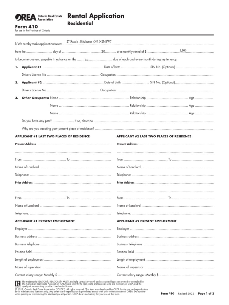 Rental Application: Residential Form 410 | PDF | Landlord | Private Law