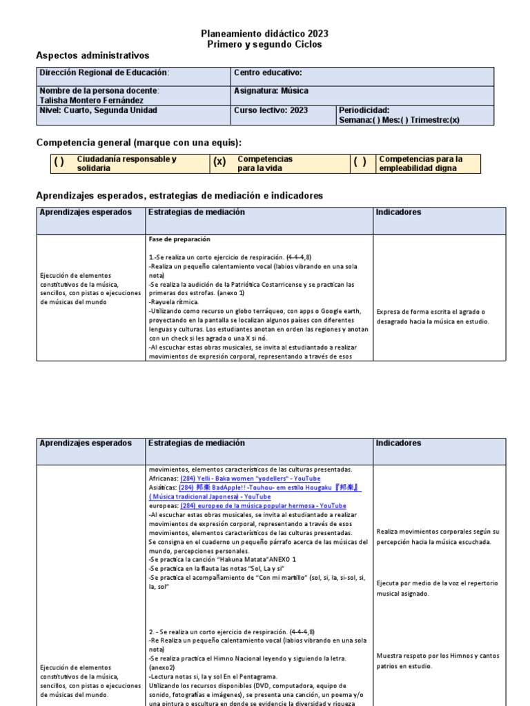 4to año planeamiento | PDF | Canciones | Letra