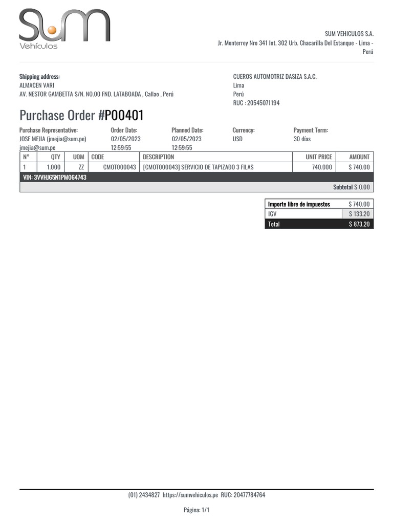 Orden de Compra P00401: Servicio Tapizado | PDF