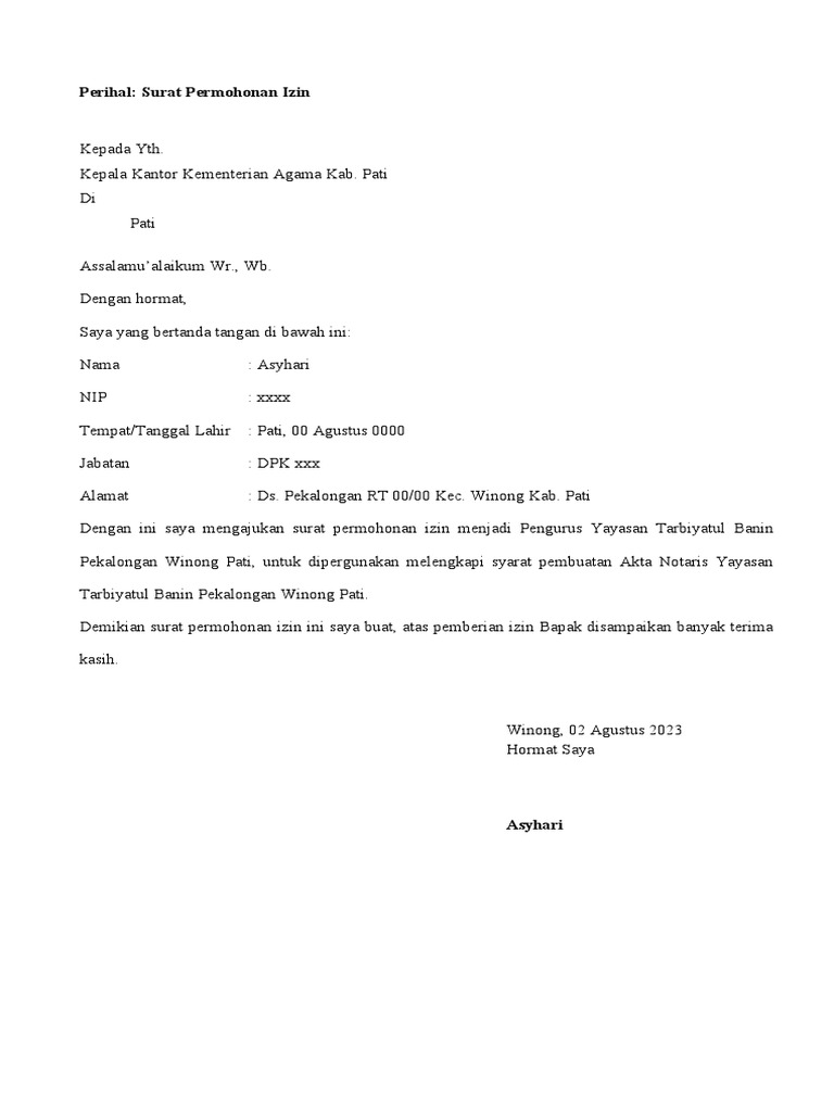 Surat Permohonan Izin Menjadi Pengurus Yayasan | PDF