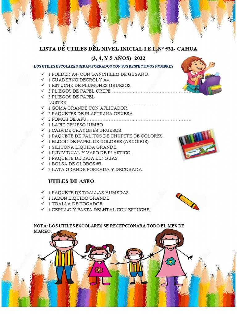 Lista de Utiles Del Nivel Inicial 2022 | PDF