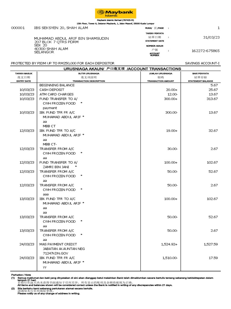 Account Transactions Statement Summary | PDF
