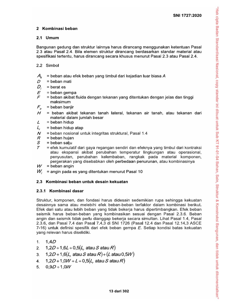Sni 1727 2020 Komb Beban Cuplik | PDF