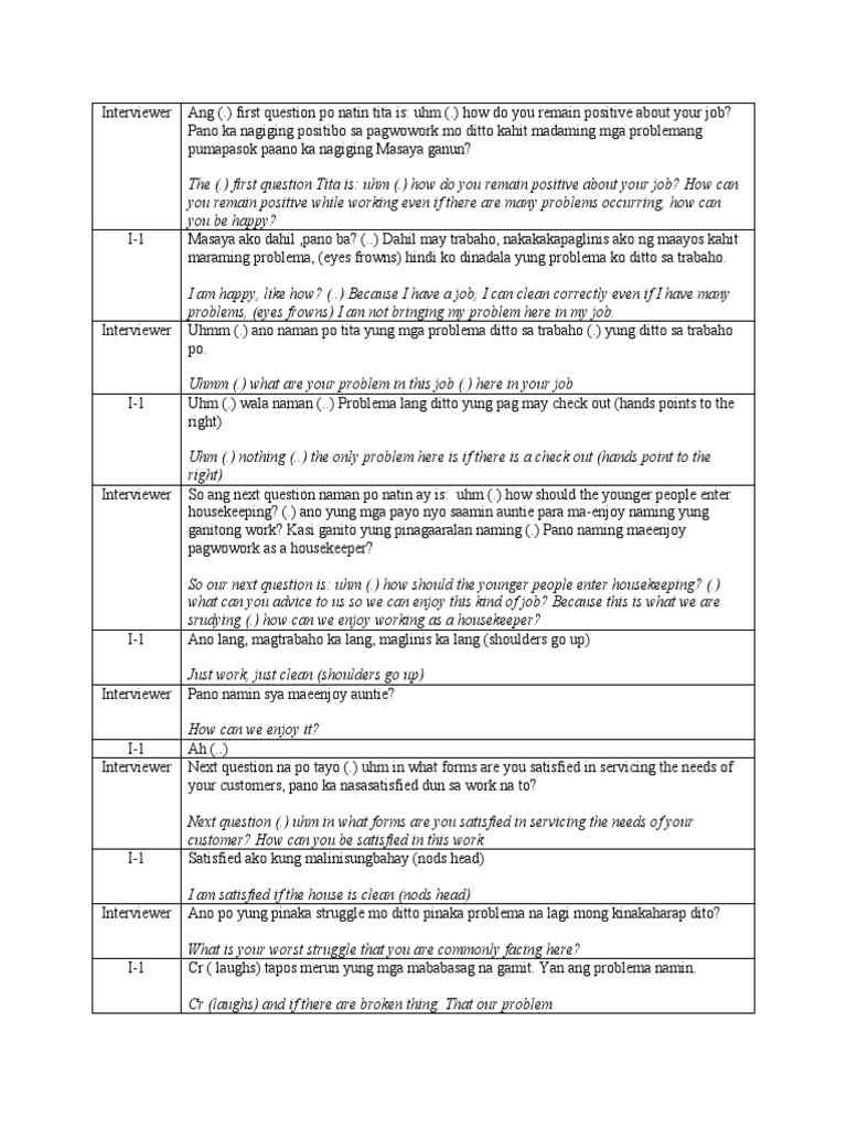 Interview Transcripts For What Keeps A Housekeeper Happy | PDF
