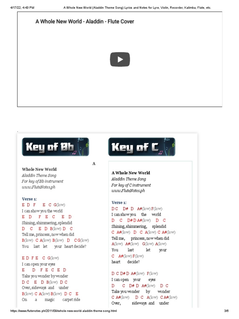 A Whole New World: Lyrics & Notes | PDF