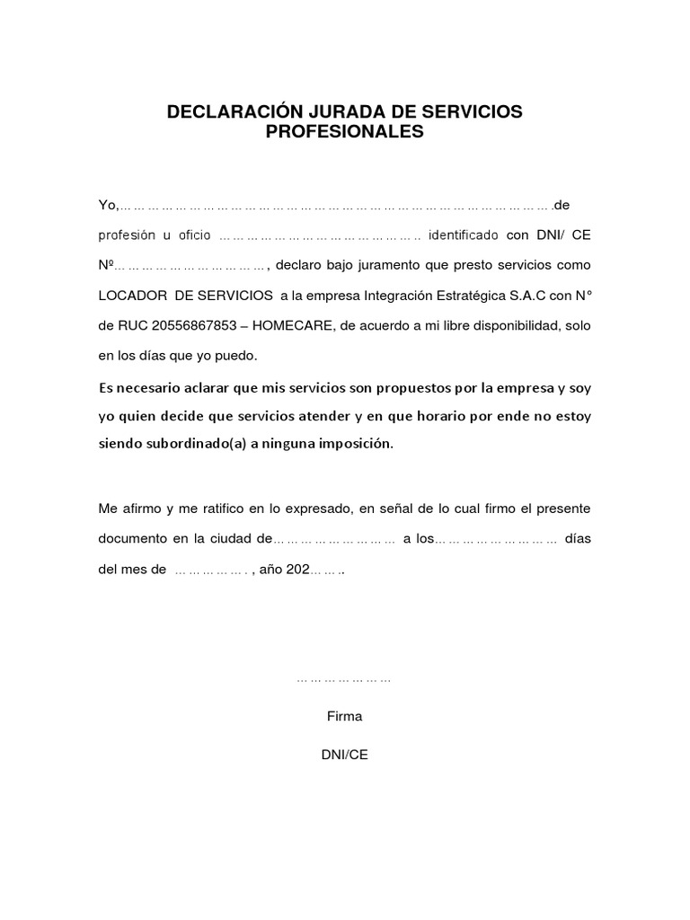 Declaración Jurada de Servicios Profesionales | PDF