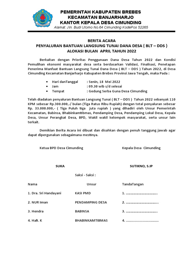 Berita Acara Penyaluran BLT 2022 | PDF