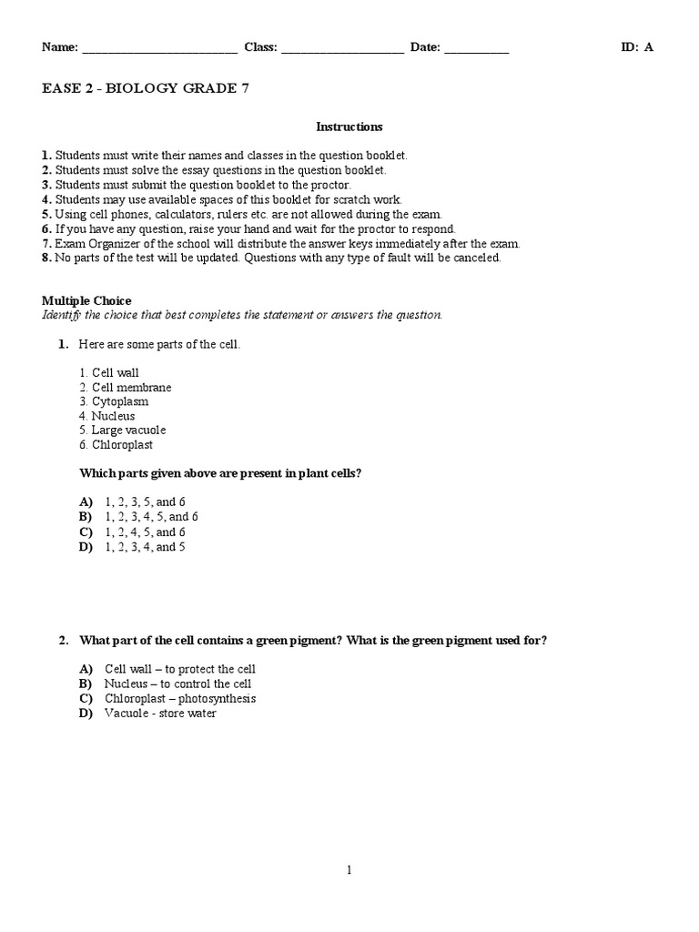 Ease 2 Biology Grade 7 2020 2021 Final | PDF | Cell (Biology ...