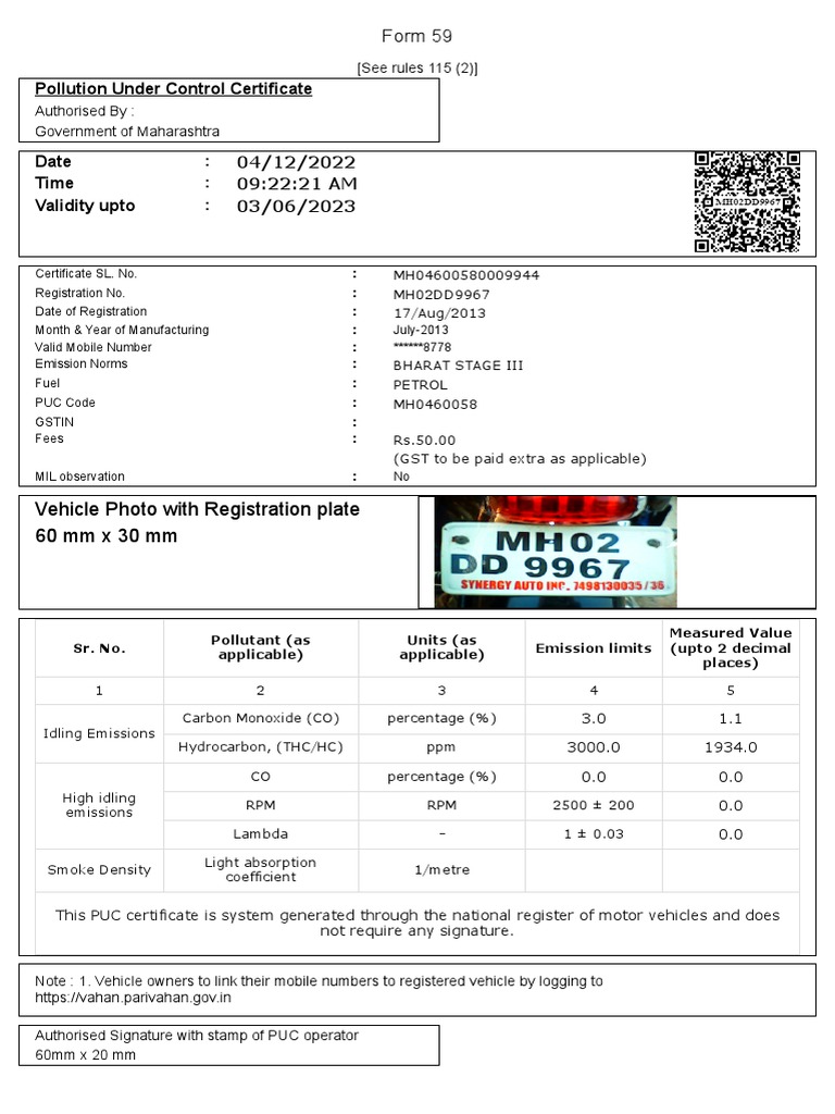 Pollution Under Control Certificate Form 59 PDF Exhaust Gas Air