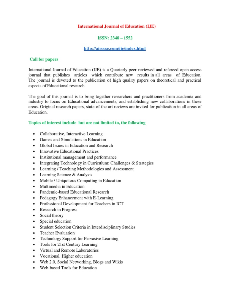 Call For Papers-International Journal of Education (IJE) | PDF
