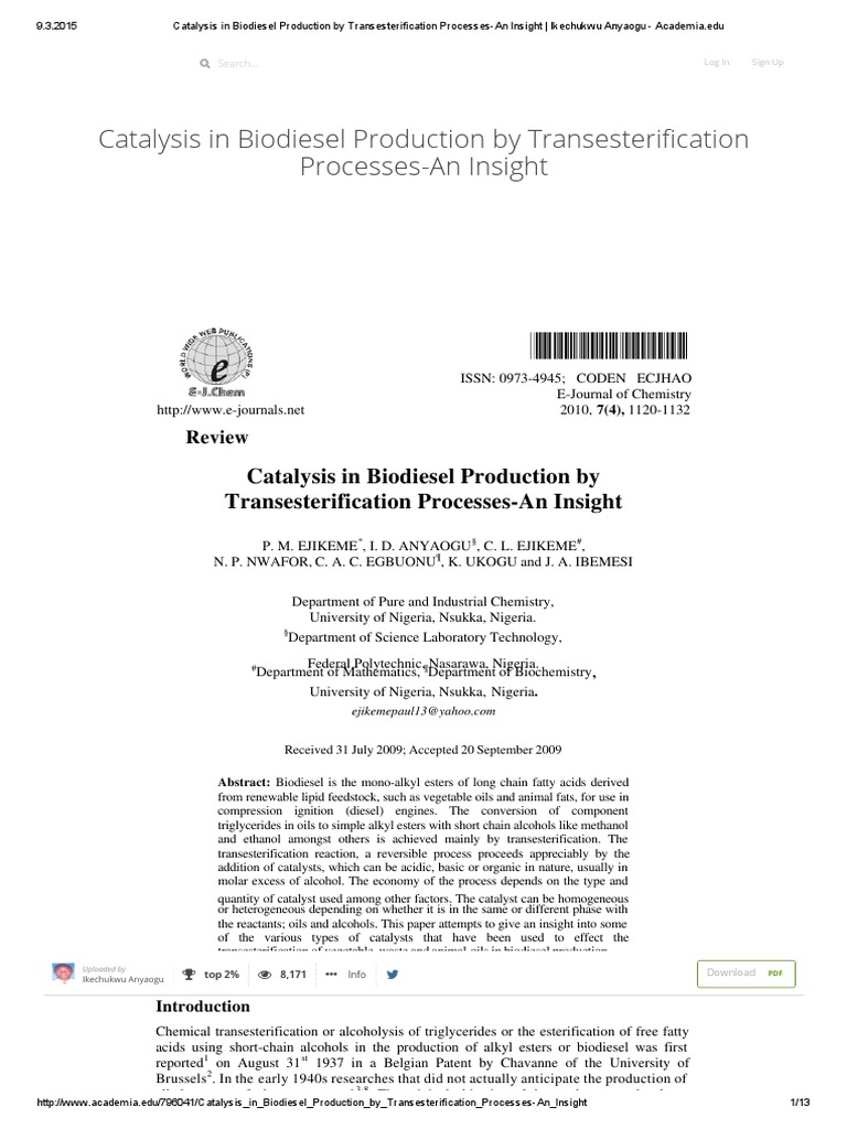 Catalysis in Biodiesel Production Insights | PDF | Ester | Catalysis