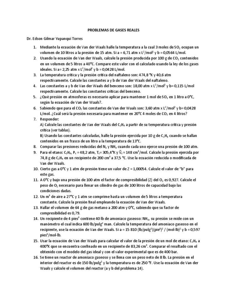 Cálculos de Gases Reales con Van der Waals | PDF