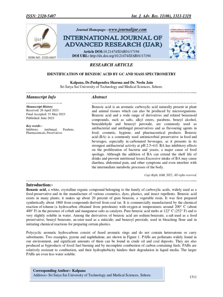 Identification of Benzoic Acid by GC and Mass Spectrometry | PDF