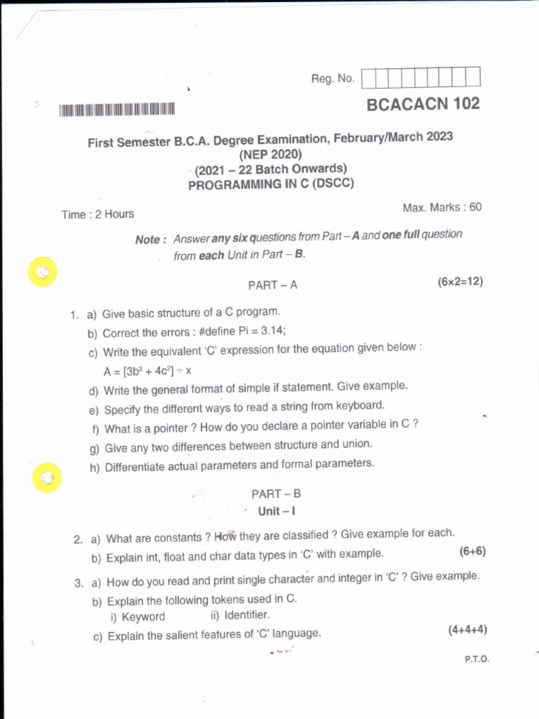 BCA I Semester Programming in C NEP Feb 2023 | PDF