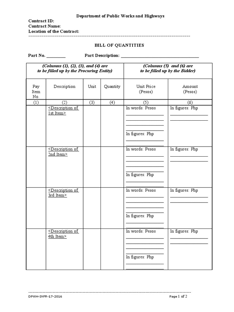 DPWHINFR17 Bill of Quantities PDF