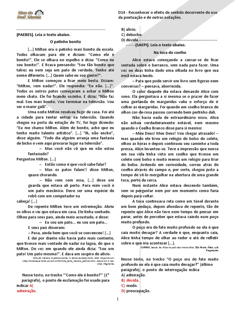 D14 (5º Ano - L.P - BLOG Do Prof. Warles) | PDF