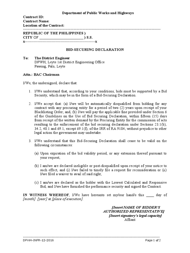 DPWH Bid-Securing Declaration Form | PDF | Affidavit | Signature
